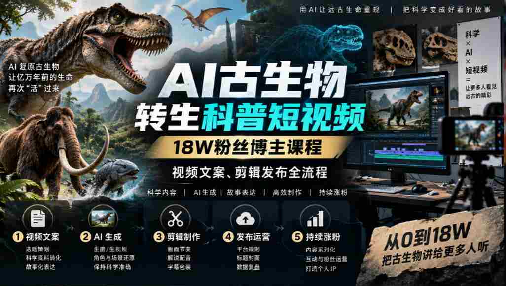 AI古生物转生科普短视频，18W粉丝博主课程，视频文案、剪辑发布全流程