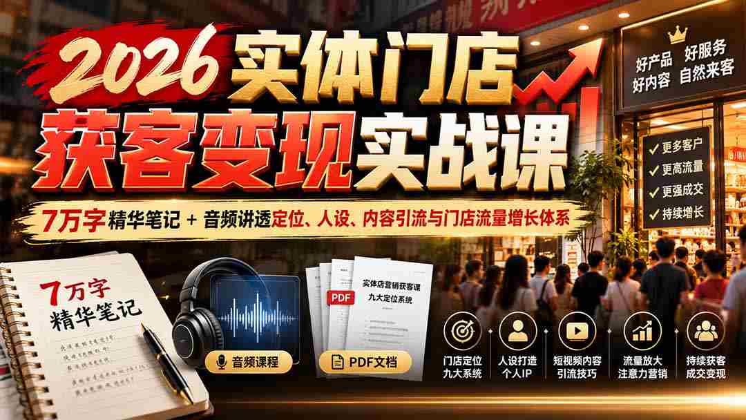2026实体店吸客秘籍：全面解析7万字实战笔记与音频教程，深度揭秘店铺定位、个人形象塑造、内容营销及客流增长策略