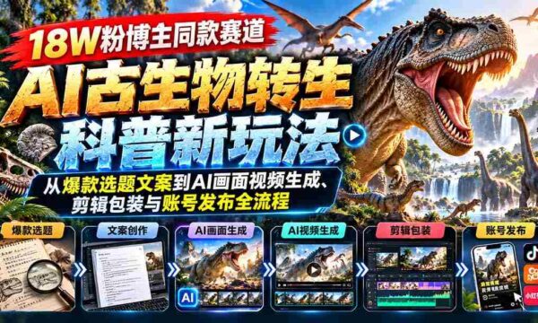 18W粉博主同款赛道-AI古生物转生科普新玩法：从爆款选题文案到AI画面视频生成、剪辑包装与账号发布全流程