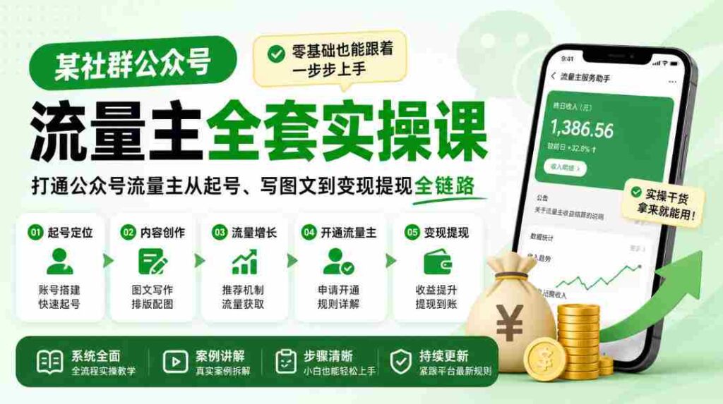 轻松掌握公众号流量主全流程，新手也能轻松入门，从账号注册到图文创作，再到盈利提现，一站式实操教程！
