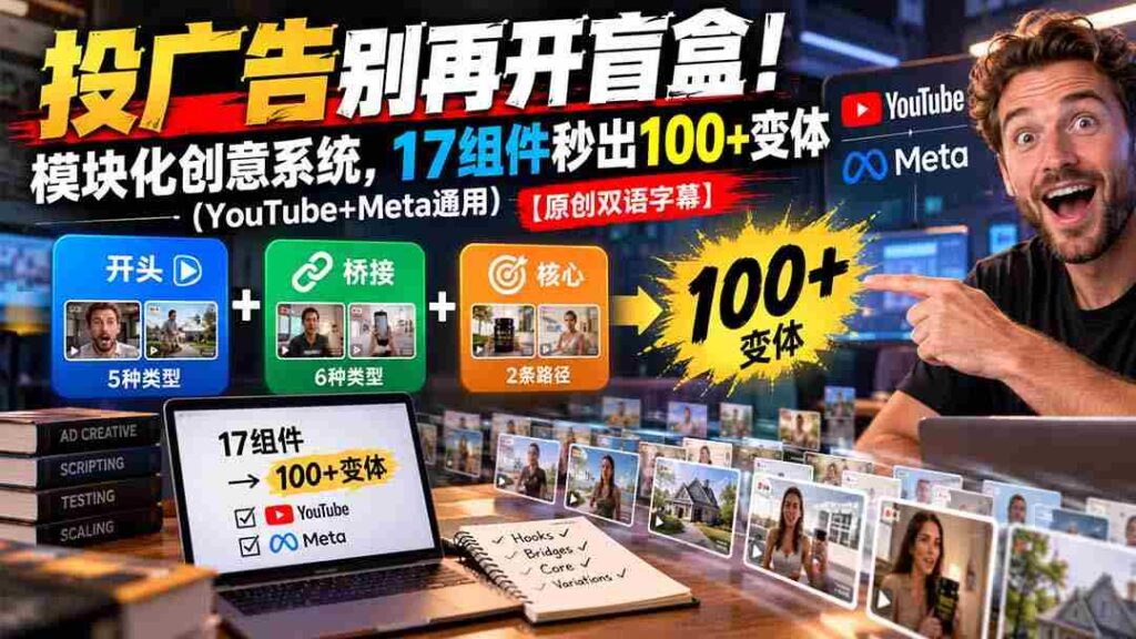 投广告别再开盲盒！模块化创意系统，17组件秒出100+变体（YouTube+Meta通用）【原创双语字幕】