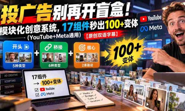 投广告别再开盲盒！模块化创意系统，17组件秒出100+变体（YouTube+Meta通用）【原创双语字幕】