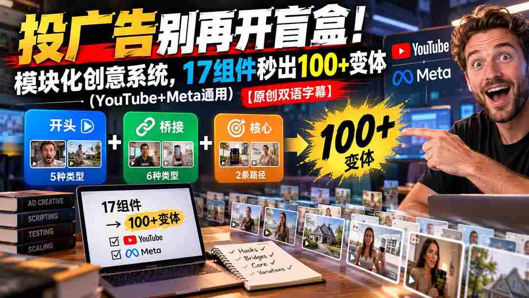 投广告别再开盲盒！模块化创意系统，17组件秒出100+变体（YouTube+Meta通用）【原创双语字幕】