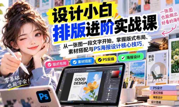 新手学排版技巧提升班：从基础图文出发，精通版面设计、素材应用及Photoshop海报制作精髓