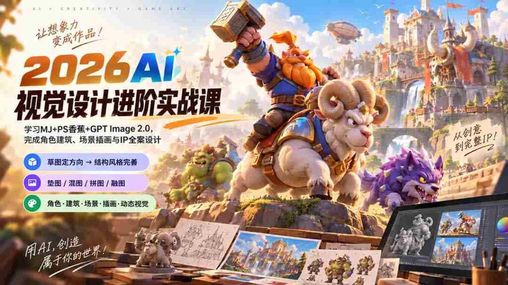 2026AI视觉设计提升课程：全面升级至1007版本，掌握MJ+PS香蕉技巧与GPT Image 2.0，打造角色建筑、场景插画及IP全案设计