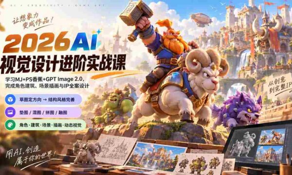 2026AI视觉设计提升课程：全面升级至1007版本，掌握MJ+PS香蕉技巧与GPT Image 2.0，打造角色建筑、场景插画及IP全案设计
