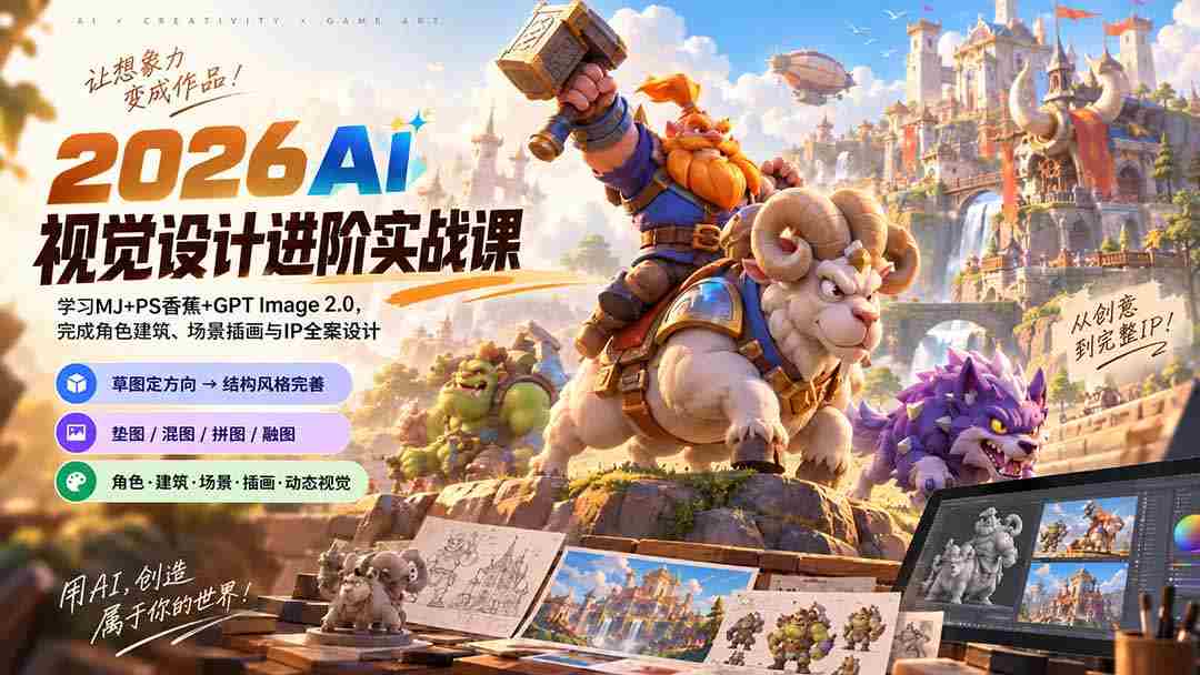 2026AI视觉设计提升课程：全面升级至1007版本，掌握MJ+PS香蕉技巧与GPT Image 2.0，打造角色建筑、场景插画及IP全案设计
