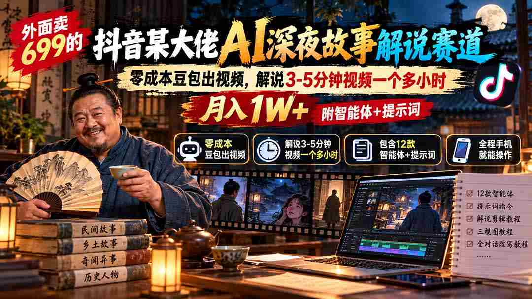 抖音红人AI深夜说书达人揭秘：699元成本打造3-5分钟视频，月入过万，智能助手与关键词一应俱全