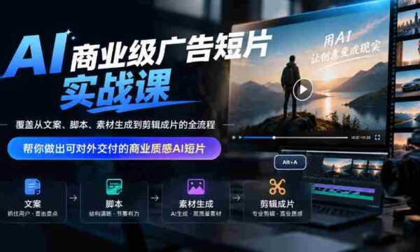 AI商业级广告短片实战课，覆盖从文案、脚本、素材生成到剪辑成片的全流程，帮你做出可对外交付的商业质感AI短片