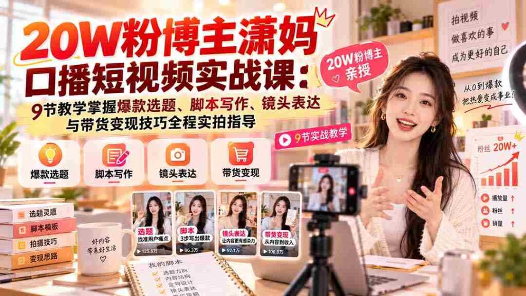 潇妈20万粉丝短视频达人公开课：深度解析9堂爆款视频制作课程，从选题到变现一网打尽！