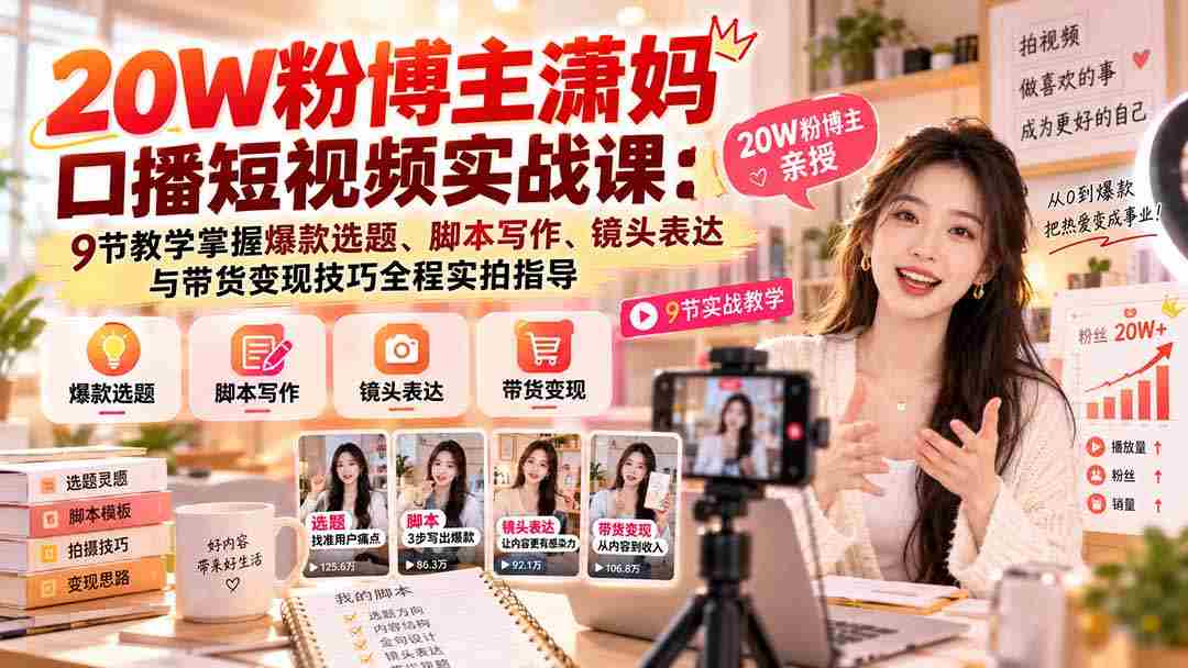 潇妈20万粉丝短视频达人公开课：深度解析9堂爆款视频制作课程，从选题到变现一网打尽！