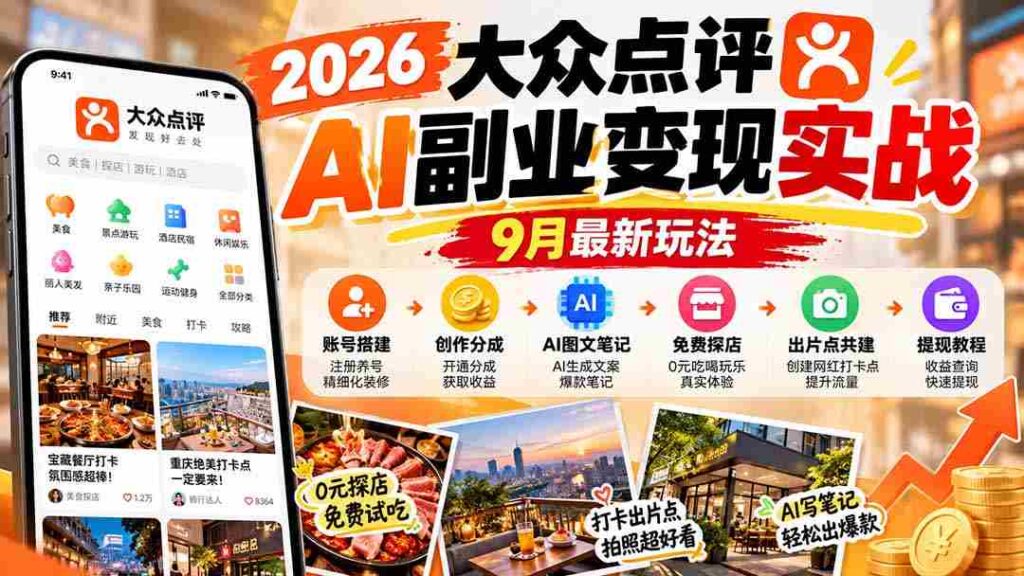2026大众点评AI副业变现实战9月最新玩法：账号搭建+创作分成+AI图文笔记+免费探店+出片点共建与提现教程