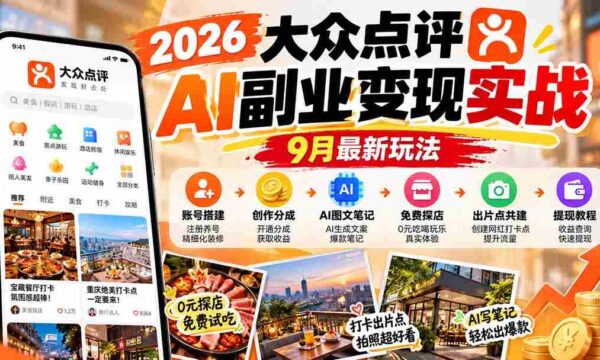 2026大众点评AI副业变现实战9月最新玩法：账号搭建+创作分成+AI图文笔记+免费探店+出片点共建与提现教程