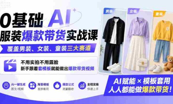 0基础AI服装爆款带货实战课｜覆盖男装、女装、童装三大赛道，不用实拍不用露脸，新手跟着套模板就能做出爆款带货视频