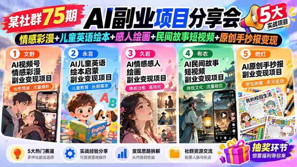 探寻AI新商机！75期社群盛宴：彩漫情感绘、少儿英语绘本、动人绘画艺术、民间故事短视频、手抄报原创变现攻略