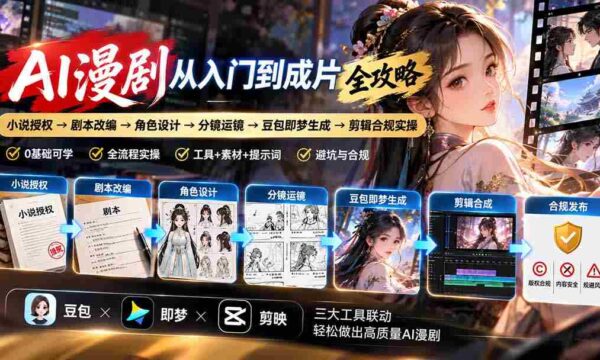 AI漫剧从入门到成片全攻略：小说授权→剧本改编→角色设计→分镜运镜→豆包即梦生成→剪辑合规实操