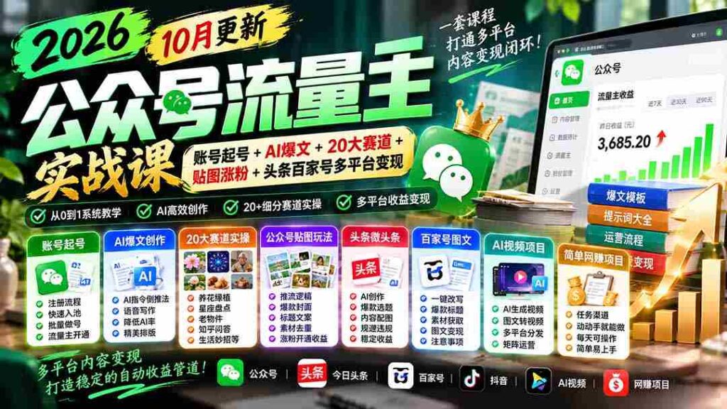 2026年公众号流量运营大师班：全新升级版！10月精选：打造爆款账号、AI智能创作、覆盖20大热门领域、贴图吸粉攻略+头条、百家号等多平台盈利策略