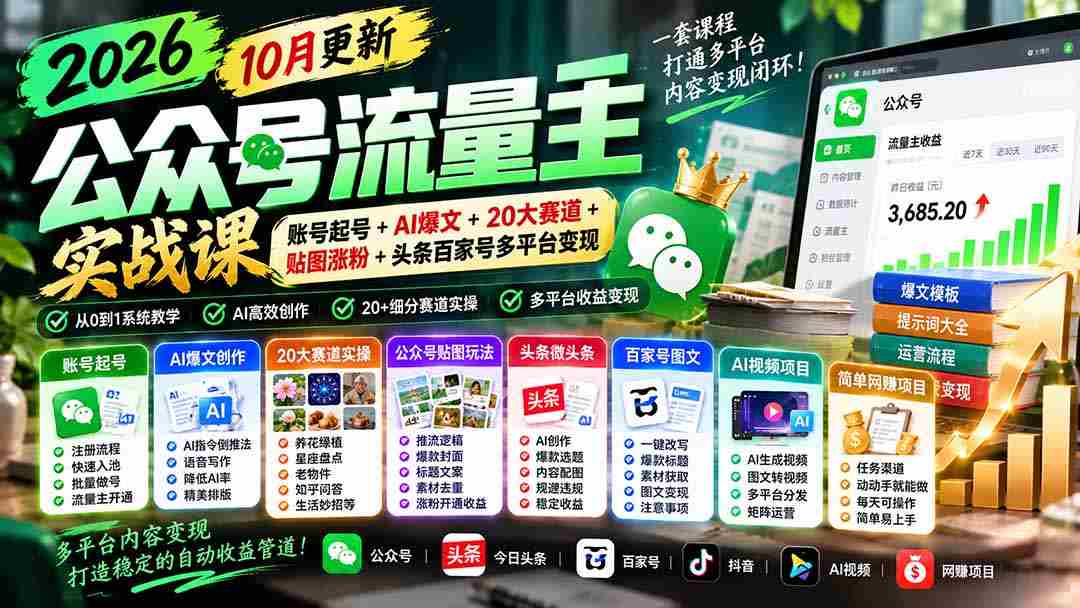2026年公众号流量运营大师班：全新升级版！10月精选：打造爆款账号、AI智能创作、覆盖20大热门领域、贴图吸粉攻略+头条、百家号等多平台盈利策略