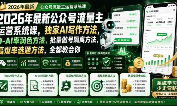 探索2026年公众号流量主高效运营秘诀，揭秘AI写作全攻略，从零到完美润色，批量账号管理技巧，热门选题策略一网打尽（全新升级至1009版）