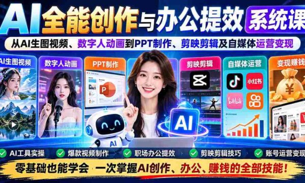 揭秘AI办公利器：一课掌握图像生成、动画制作、PPT制作、视频剪辑与自媒体盈利之道