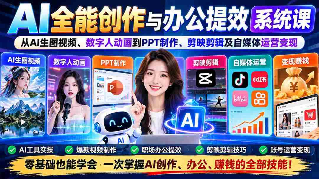 揭秘AI办公利器：一课掌握图像生成、动画制作、PPT制作、视频剪辑与自媒体盈利之道