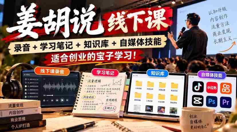 姜胡线下课程精华集锦：录音、笔记、知识库及自媒体技巧，助力创业新锐成长！