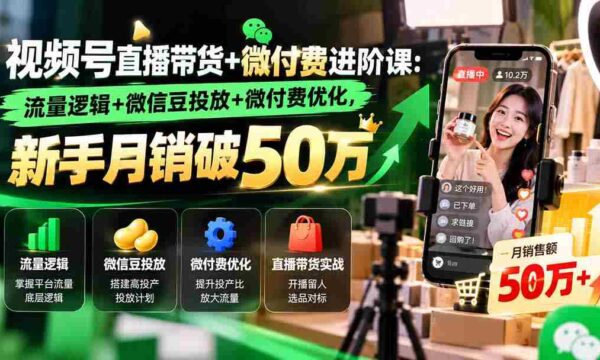 视频号直播带货+微付费进阶课-更新1010：流量逻辑+微信豆投放+微付费优化，新手月销破50万