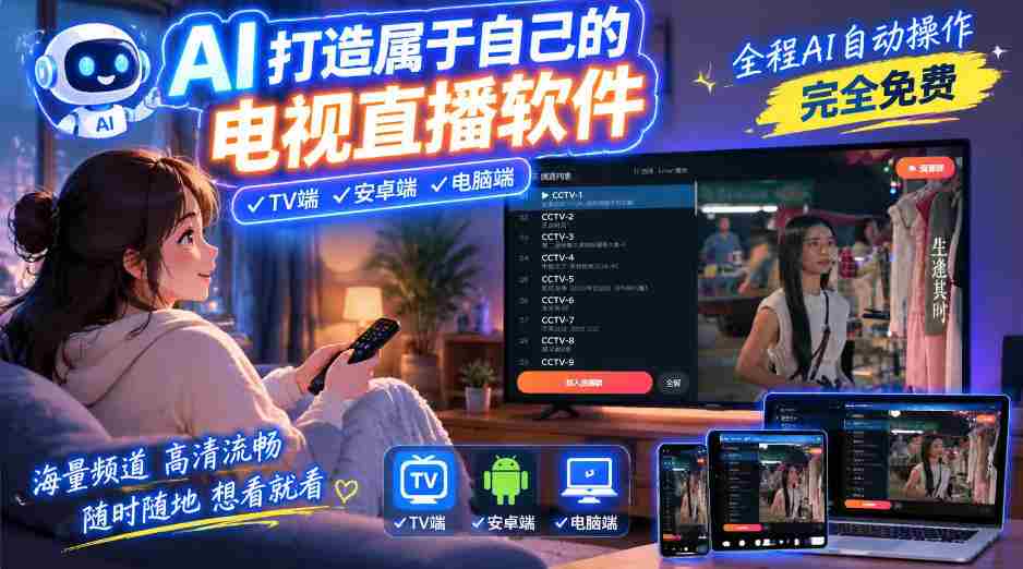 AI一键打造全平台直播软件，电脑、安卓、电视无缝兼容，免费体验流畅无卡，尽享直播新境界