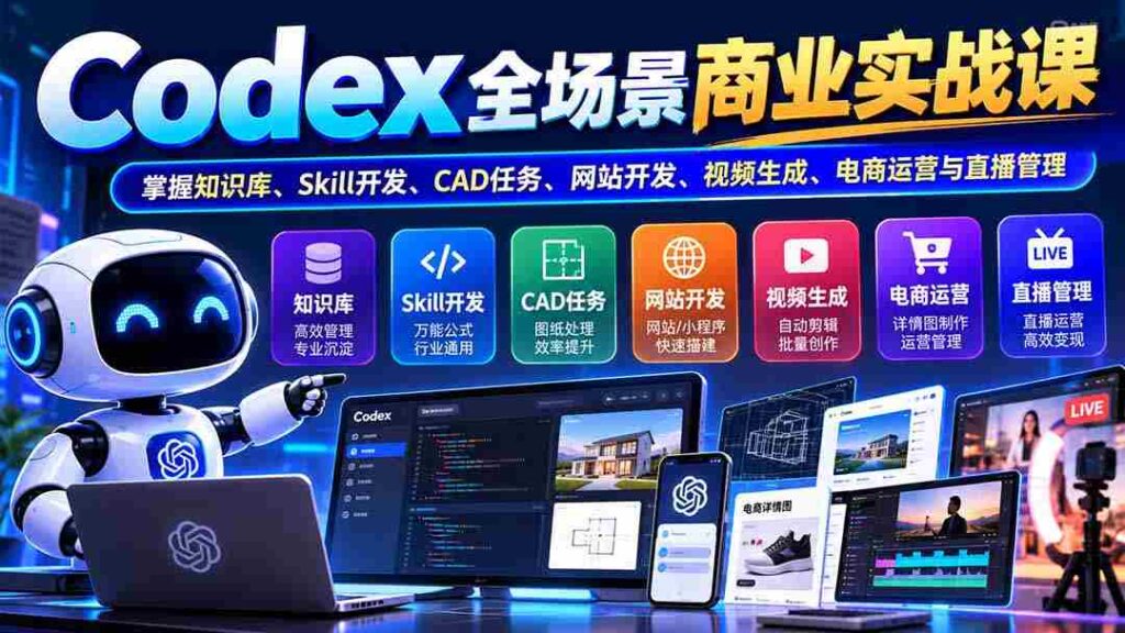 全新升级】Codex全方位商业实战教程——精通知识库构建、技能开发、CAD操作、网站制作、视频制作、电商运营及直播管控