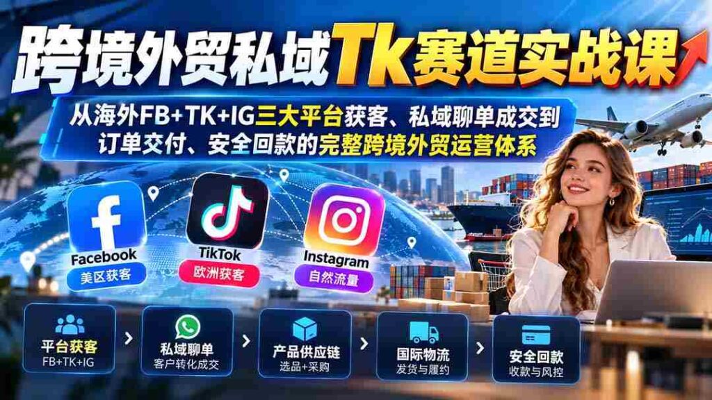 全球跨境电商私域Tk实操攻略：全方位解析FB、TK、IG三平台引流、私域沟通至订单完成及安全收款的一站式外贸运营策略