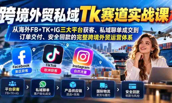 全球跨境电商私域Tk实操攻略：全方位解析FB、TK、IG三平台引流、私域沟通至订单完成及安全收款的一站式外贸运营策略