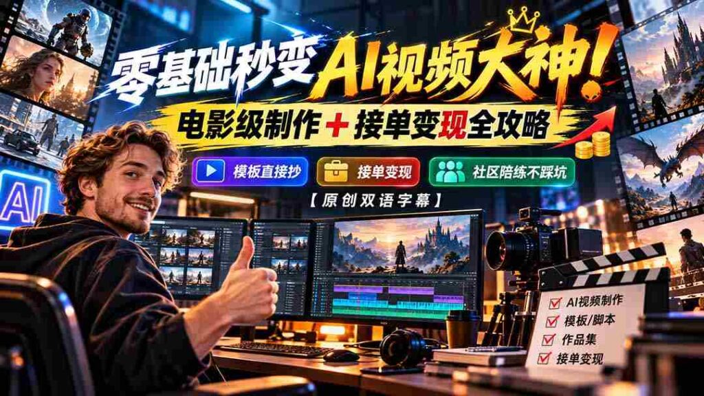 轻松入手AI视频制作高手！掌握电影水准制作技巧，一招掌握接单赚钱秘籍，模板即学即用，社区助力避坑【独家双语教学