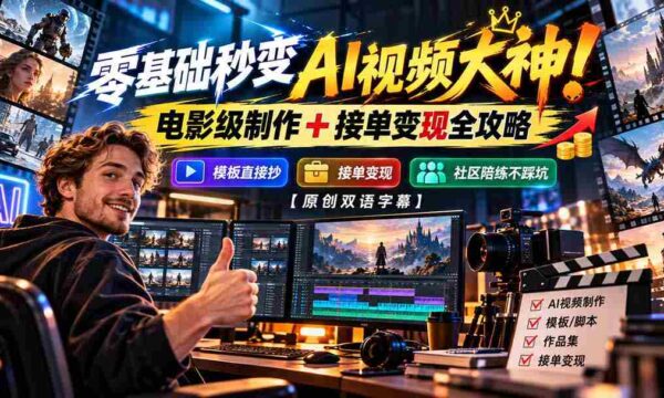 轻松入手AI视频制作高手！掌握电影水准制作技巧，一招掌握接单赚钱秘籍，模板即学即用，社区助力避坑【独家双语教学