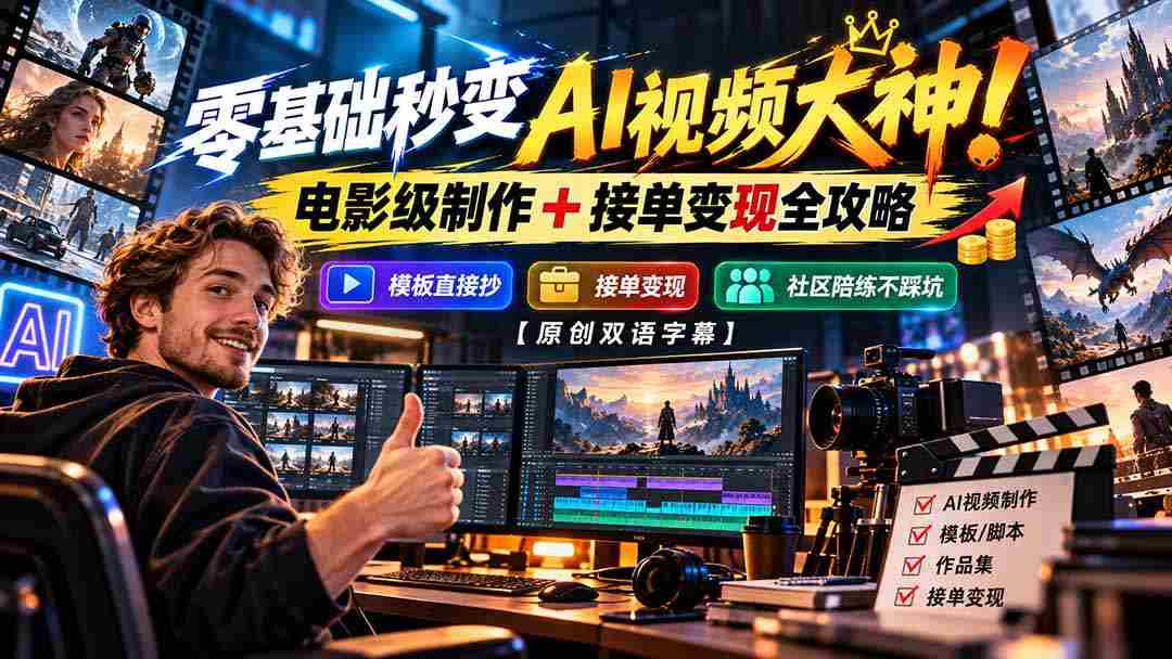 轻松入手AI视频制作高手！掌握电影水准制作技巧，一招掌握接单赚钱秘籍，模板即学即用，社区助力避坑【独家双语教学