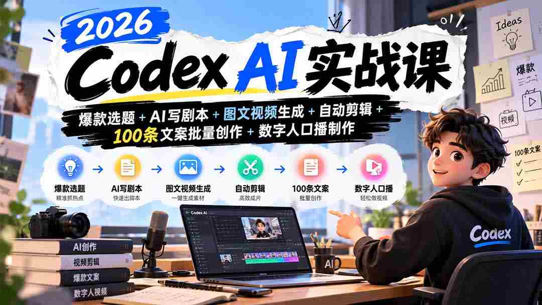 2026年度AI实战教程：打造热门选题、AI剧本创作、图文视频制作、智能剪辑、文案批量生成及数字人配音全方位教学