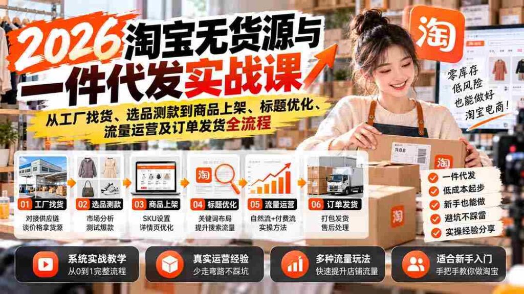 2026年淘宝无库存操作指南：揭秘从货源直击工厂、商品精选测款到上架推广、标题精修、流量引流及订单配送全攻略