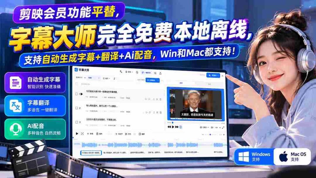 字幕大师免费版横空出世，剪映会员功能替代者，本地离线操作，自动字幕翻译AI配音，兼容Win与Mac系统！