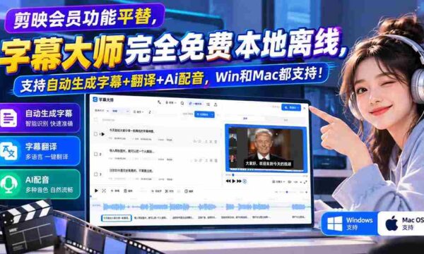 字幕大师免费版横空出世，剪映会员功能替代者，本地离线操作，自动字幕翻译AI配音，兼容Win与Mac系统！