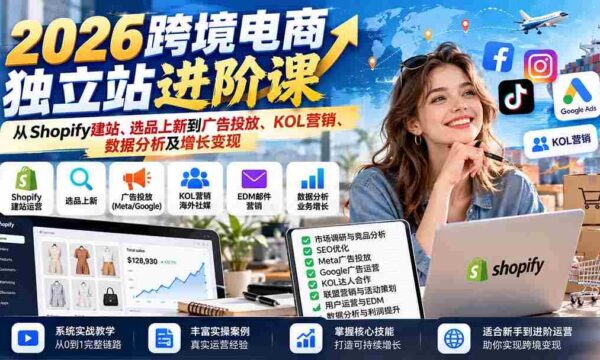 2026年跨境电商独立站提升指南：Shopify搭建、精选商品、广告营销、KOL合作、数据解析与盈利转化