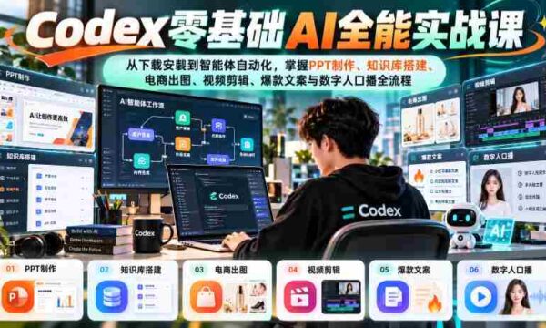 入门无门槛，Codex AI全能课程：从安装入门到智能自动化，全面解锁知识库构建、电商设计、视频编辑、爆款文案及数字人配音全技能