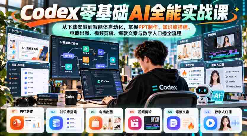 入门无门槛，Codex AI全能课程：从安装入门到智能自动化，全面解锁知识库构建、电商设计、视频编辑、爆款文案及数字人配音全技能