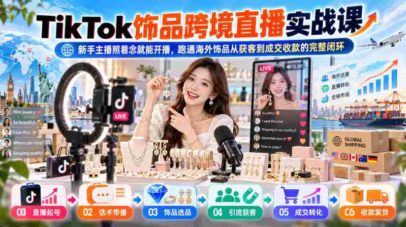 TikTok饰品跨境直播实战课，新手主播照着念就能开播，跑通海外饰品从获客到成交收款的完整闭环