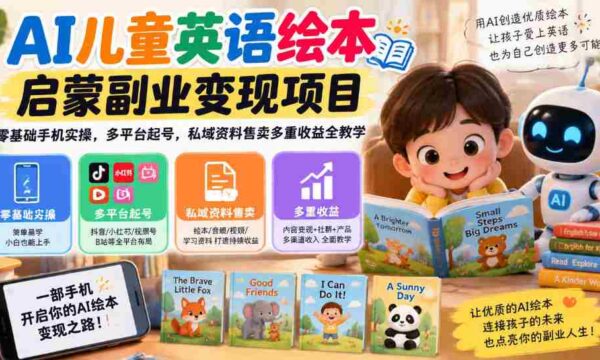 AI赋能少儿英语绘本书籍创业项目，手机轻松上手，跨平台账号打造，私域资源销售，全方位盈利攻略一网打尽