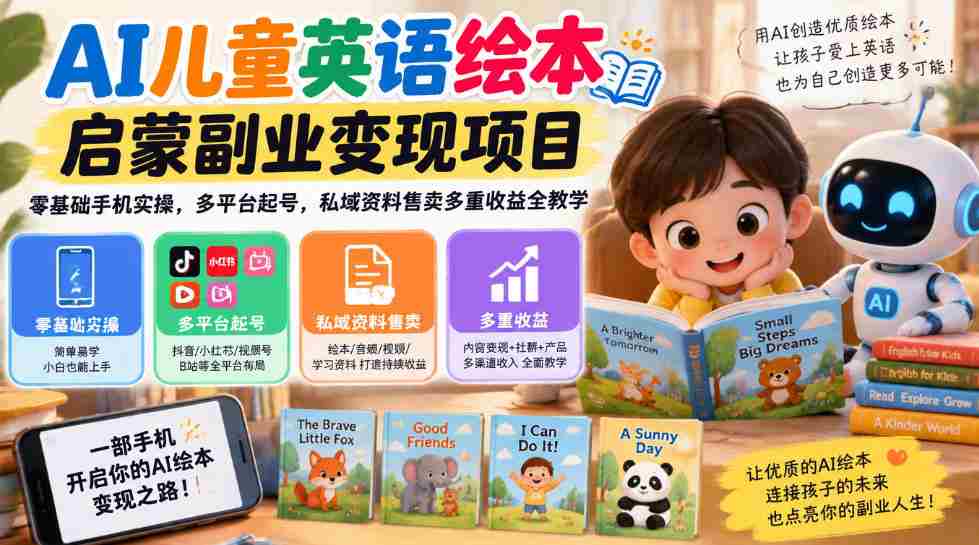 AI赋能少儿英语绘本书籍创业项目，手机轻松上手，跨平台账号打造，私域资源销售，全方位盈利攻略一网打尽