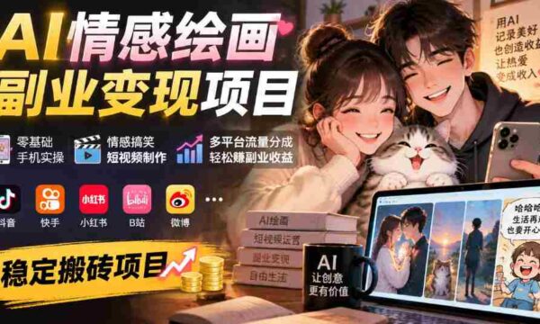 手机操作轻松入门，AI情感绘画副业攻略：搞笑短视频制作，多平台流量分红，副业收益稳赚不赔