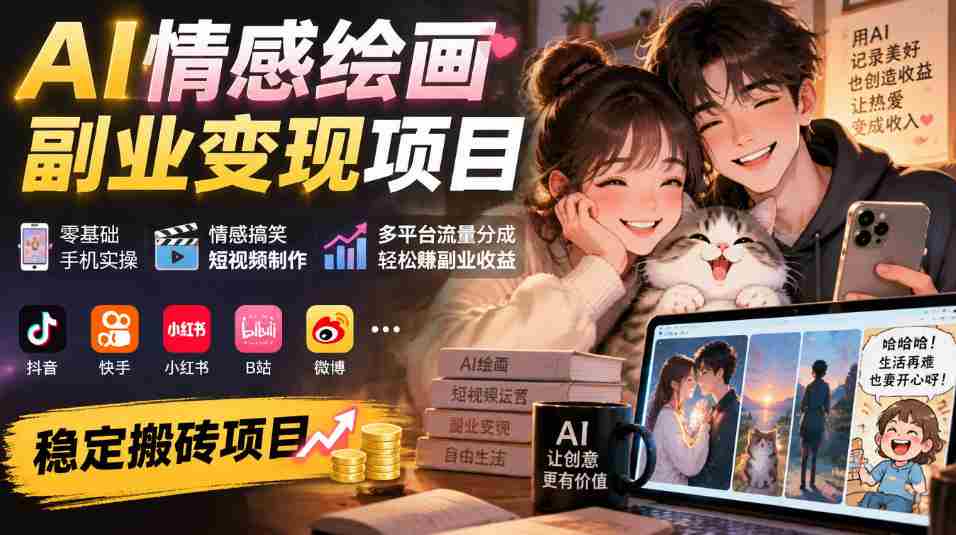手机操作轻松入门，AI情感绘画副业攻略：搞笑短视频制作，多平台流量分红，副业收益稳赚不赔