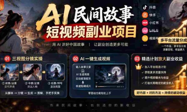 AI赋能短视频创作：民间故事新领域，多平台共享流量，三视图分镜教学，精选方案助力副业收益倍增