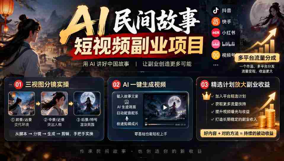 AI赋能短视频创作：民间故事新领域，多平台共享流量，三视图分镜教学，精选方案助力副业收益倍增