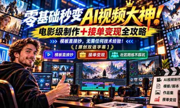 从菜鸟到视频制作达人：AI助力，电影质感作品轻松达成，接单赚钱不求人！一学即会，零技术门槛！【独家双语讲解