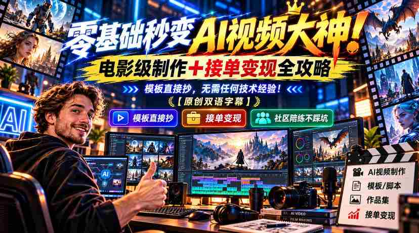 从菜鸟到视频制作达人：AI助力，电影质感作品轻松达成，接单赚钱不求人！一学即会，零技术门槛！【独家双语讲解